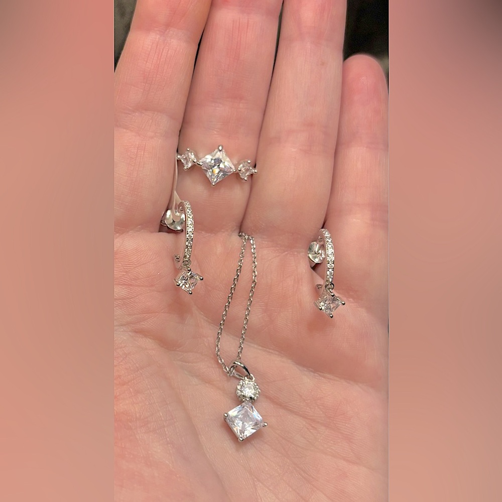 Charmed Aroma-Sterling Silver 925 Earrings W/Rhodium Plated Silver Necklace&Ring